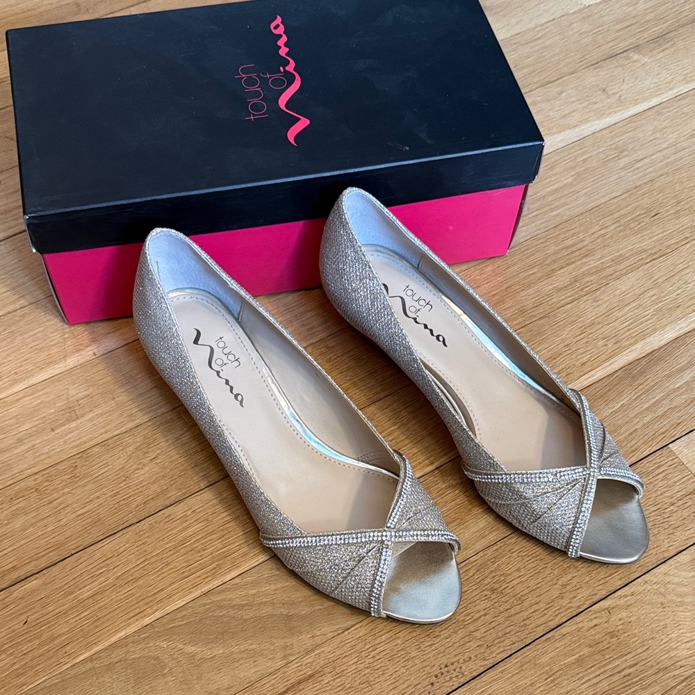 Touch of Nina Gold Peep Toe Kitten Heels